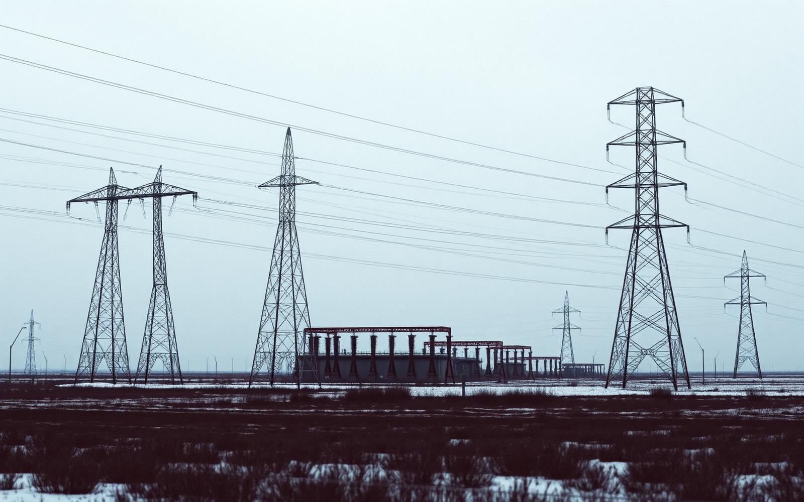 High-voltage transmission infrastructure in a flat winter landscape