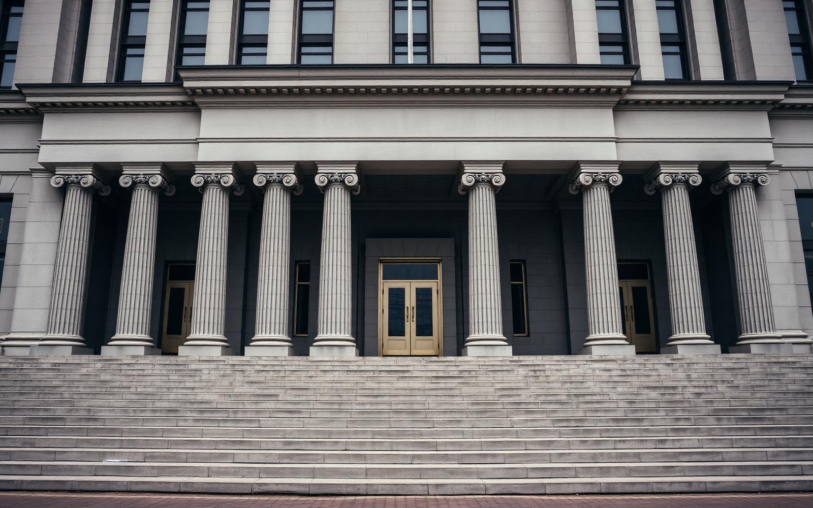 Neoclassical ministry facade in flat overcast light